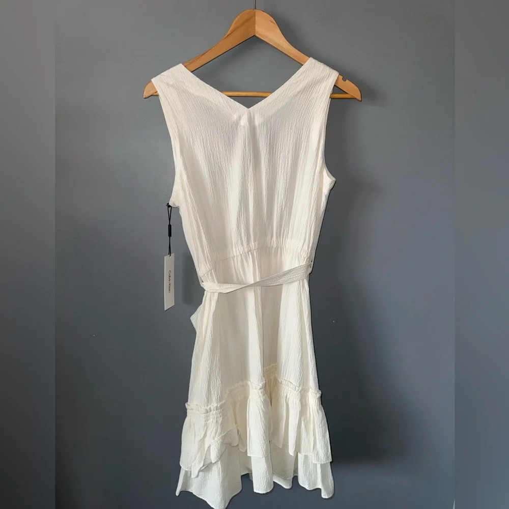 Calvin Klein Sleeveless V-neck tiered ruffle min dress with waist tie - Picture 6 of 7